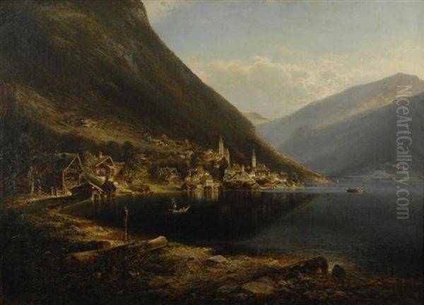 Lake Side Village Oil Painting by Ferdinand Feldhuetter