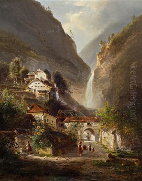 Der Muhlbach-wasserfall In Hallstatt Oil Painting by Ferdinand Feldhuetter