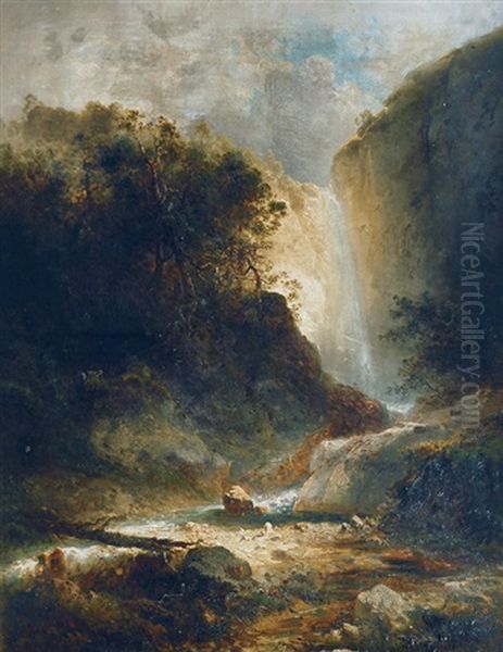 Falls In The Tyrolean Mountains Oil Painting by Ferdinand Feldhuetter