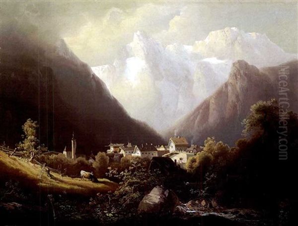 Alpenlandschaft Mit Dorfkirche Oil Painting by Ferdinand Feldhuetter