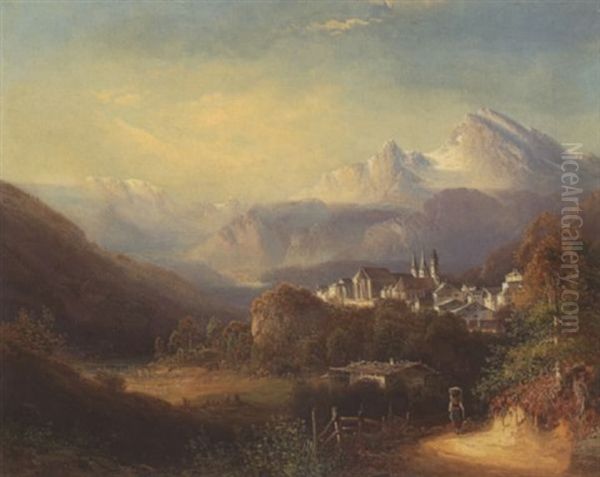 Blick Auf Berchtesgaden Mit Watzmann Oil Painting by Ferdinand Feldhuetter