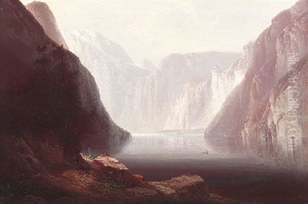 Der Konigssee Mit Wanderer Am Einem Marterl Oil Painting by Ferdinand Feldhuetter