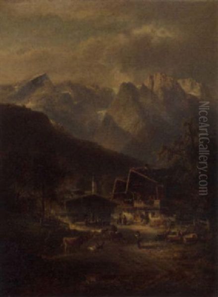 An Alpine Village Oil Painting by Ferdinand Feldhuetter