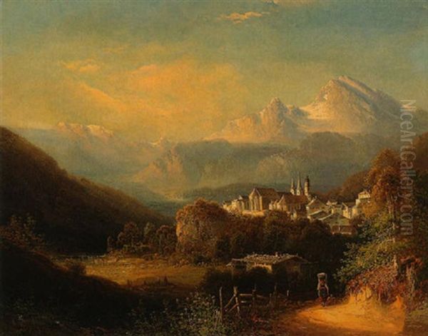 Blick Auf Berchtesgaden Oil Painting by Ferdinand Feldhuetter