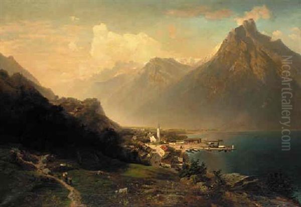 An Austrian Town In A Mountainous Lake Landscape Oil Painting by Ferdinand Feldhuetter