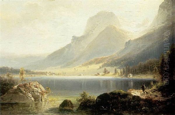 A View Of The Hintersee With A Figure And A Dog In The Foreground Oil Painting by Ferdinand Feldhuetter