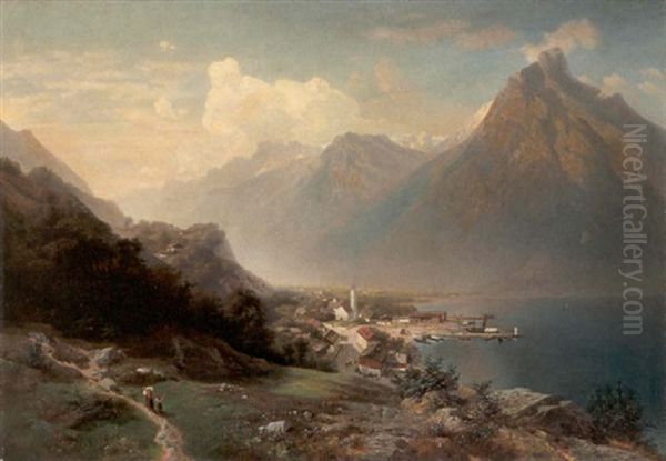 Blick Auf Fluelen Am Urner See Mit Bristenstock Oil Painting by Ferdinand Feldhuetter