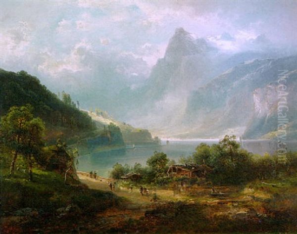 Schweizer Alpensee Zu Fusen Eines Steilen Gebirgsmassvis Oil Painting by Ferdinand Feldhuetter