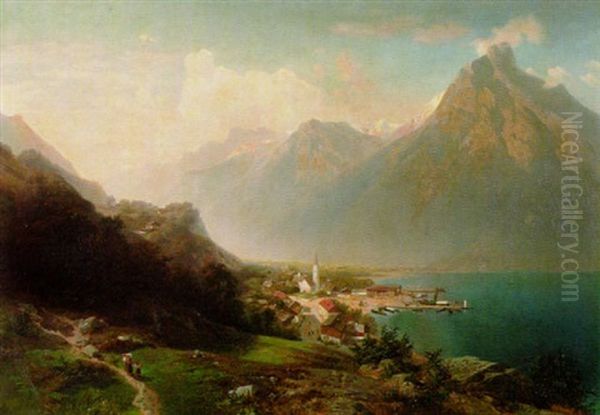 Ortschaft Am Ufer Eines Gebirgssees Oil Painting by Ferdinand Feldhuetter