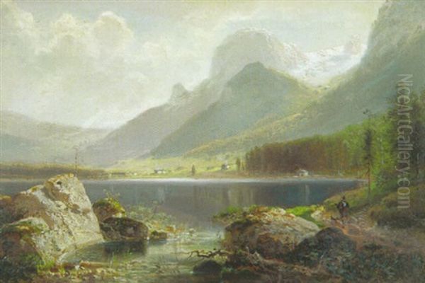 Der Eibsee Im Morgenlicht Oil Painting by Ferdinand Feldhuetter