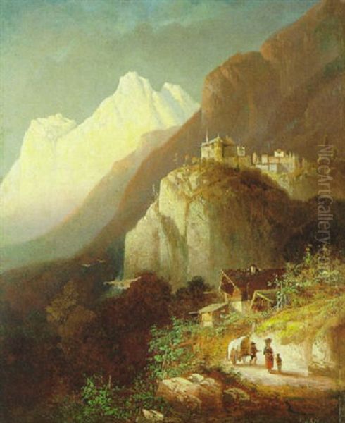 Blick Auf Dorf Und Schlos Tirol Oil Painting by Ferdinand Feldhuetter