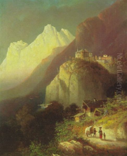 Schlos In Sudtirol (schlos Und Dorf Tirol?) Oil Painting by Ferdinand Feldhuetter