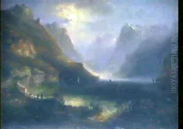 Urnersee Bei Vollmond Oil Painting by Ferdinand Feldhuetter