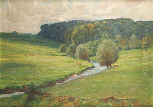 Sommerabend. Hugellandschaft Mit Kuhen Und Flusslauf Oil Painting by Wilhelm Feldmann