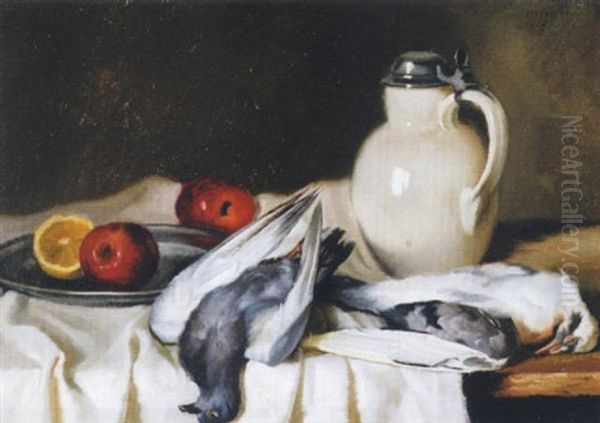 Stillleben Mit Krug, Apfeln Und Toten Vogeln Oil Painting by Roman Feldmeyer