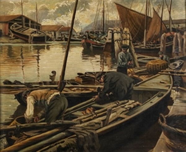 Puerto Con Pescadores Oil Painting by Mariano Felez