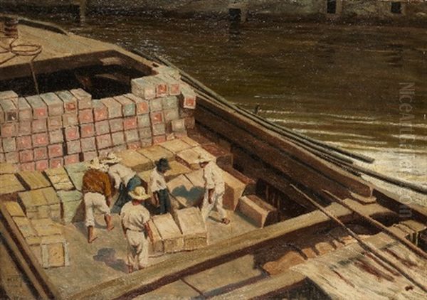 Men At Work In Pernambuco Harbour Oil Painting by Mariano Felez