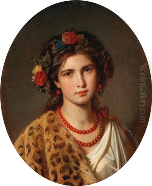 Portrait Of A Girl With Wreath Of Roses In Her Hair And Leopard Skin Oil Painting by Karl Eugene Felix