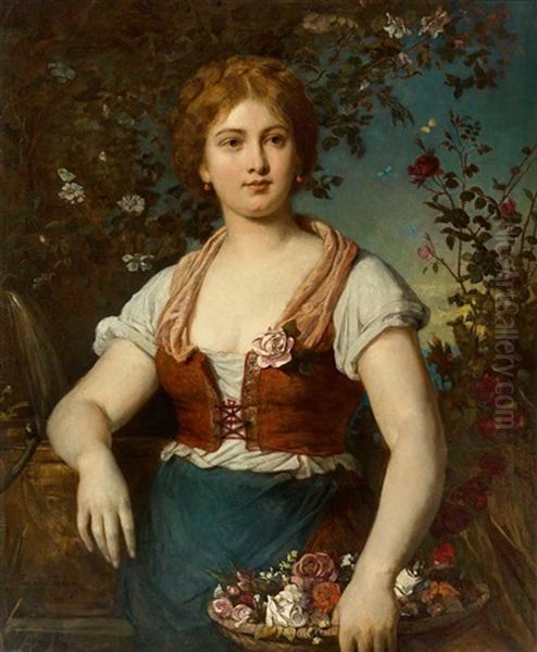 Dreiviertelportrait Eines Hubschen Jungen Madchens Mit Blumenkorb Oil Painting by Karl Eugene Felix