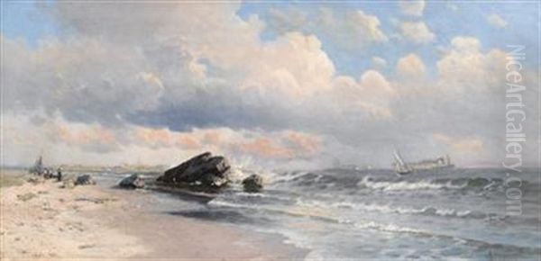 Figures On A Beach, Shipping, And A Town In The Distance by Karl Eugene Felix