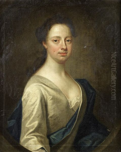 Portrait Of A Lady, Half-length, In A White Silk Dress And A Blue Sash Oil Painting by James Fellowes