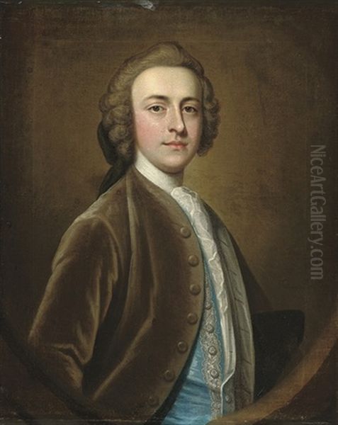 Portrait Of A Gentleman, Half-length, In A Brown Velvet Coat And Blue Silk Waistcoat With Silver Frogging Oil Painting by James Fellowes