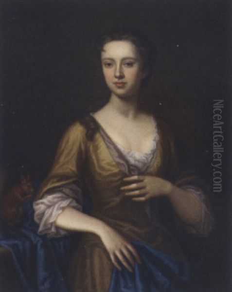 Portrait Of Margaret Aldersey In A Yellow Dress And Blue Wrap, A Squirrel By Her Side Oil Painting by James Fellowes