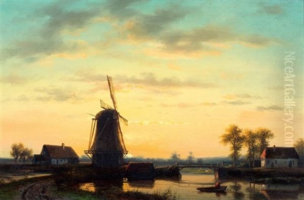 Molen Aan Een Vaart Bij Zonsondergang Oil Painting by Jan Jacob Fels