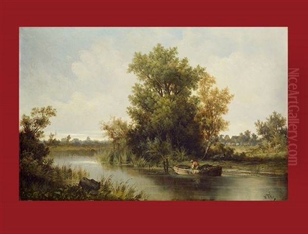 Hollandische Landschaft Mit Kanal Und Boot Oil Painting by Jan Jacob Fels