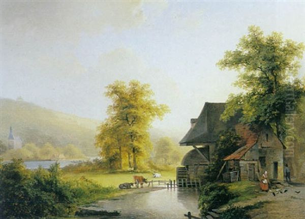 A Watermill In A River Landscape Oil Painting by Jan Jacob Fels