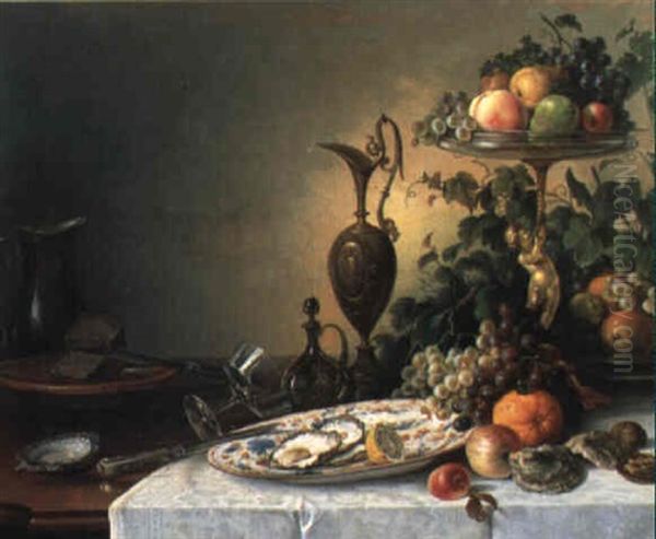 Still Life Of Fruit And Other Objects On Draped Table Oil Painting by Jan Jacob Fels