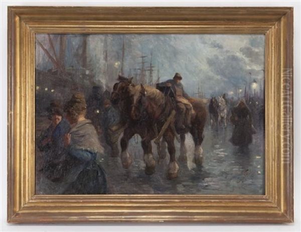 Draft Horses At The Docks Oil Painting by Julien t' Felt