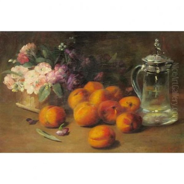 Still Life With Peaches, Blossoms And A Silver-lidded Flagon Oil Painting by Frederick M. Fenetti