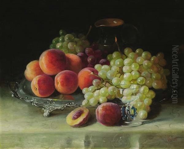 Still Life With Peaches And Grapes Oil Painting by Frederick M. Fenety