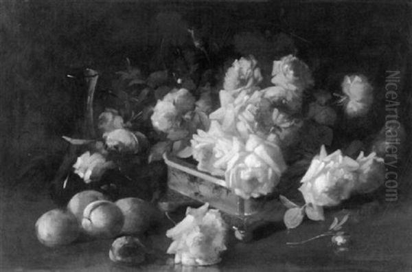 Still Life With Roses And Peaches Oil Painting by Frederick M. Fenety