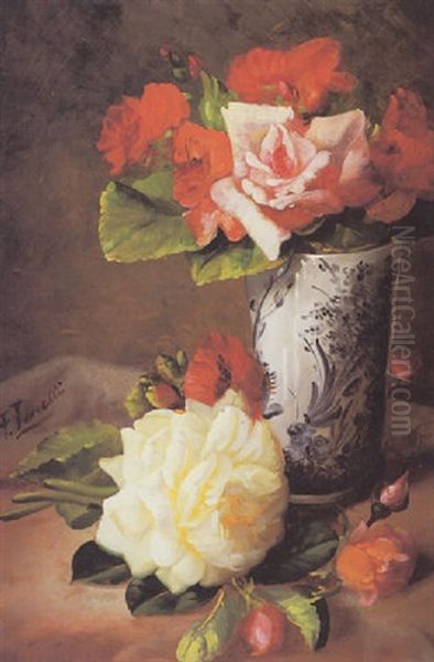 Still Life Of Roses Oil Painting by Frederick M. Fenety