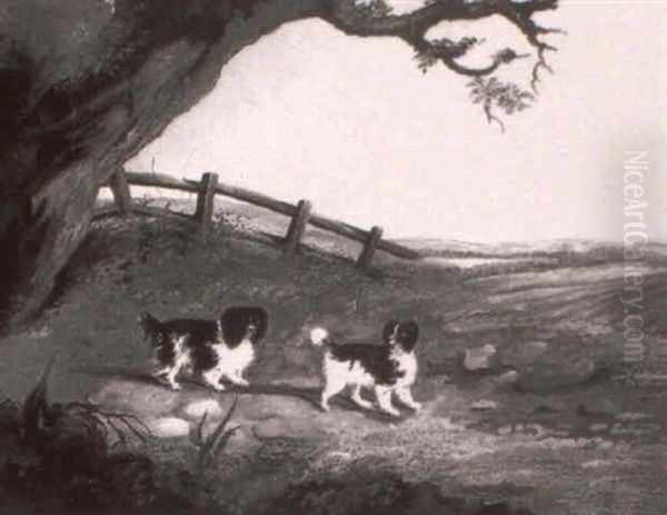 King Charles Spaniels In A Landscape Oil Painting by George Fenn