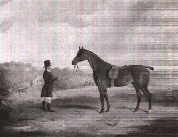 A Gentleman Holding His Bay Hunter In A Landscape Oil Painting by George Fenn