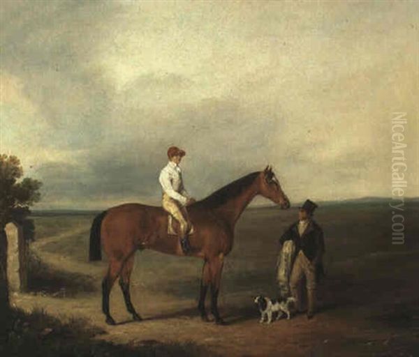 A Racehorse With Jockey Up, With A Trainer And A Spaniel By A Gate Oil Painting by George Fenn