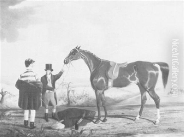 A Racehorse With His Owner And Jockey On The Gallops Oil Painting by George Fenn