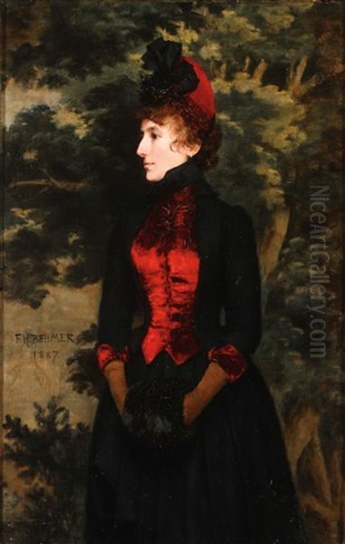 Portrait Of A Finely Dressed Woman With Velvet Vest And Fur Muff Oil Painting by Hermann Fenner-Behmer