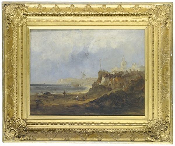 A View Of Treport, Normandy, Showing The Church Of St. Jacques, With Figures On The Beach In The Foreground Oil Painting by Thomas Fenwick