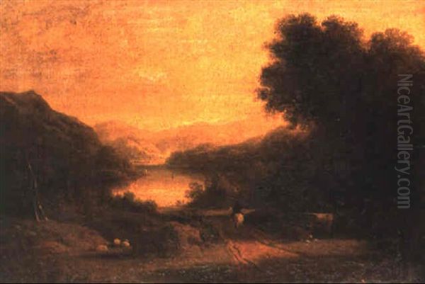 A River Landscape With Cattle, Sheep And A Figure On Horseback Oil Painting by Thomas Fenwick