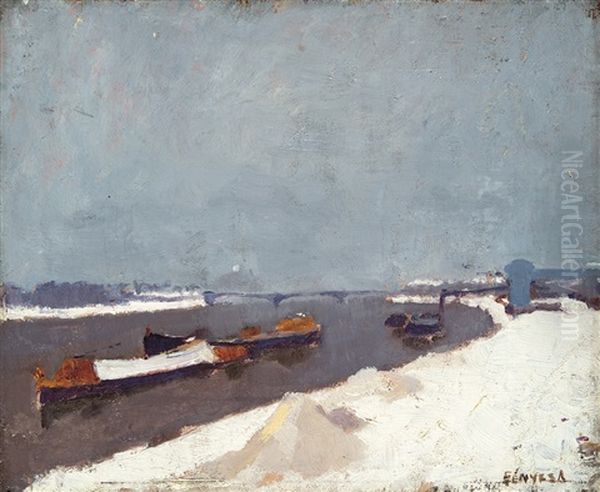 Boats On Tisza Oil Painting by Adolf Fenyes