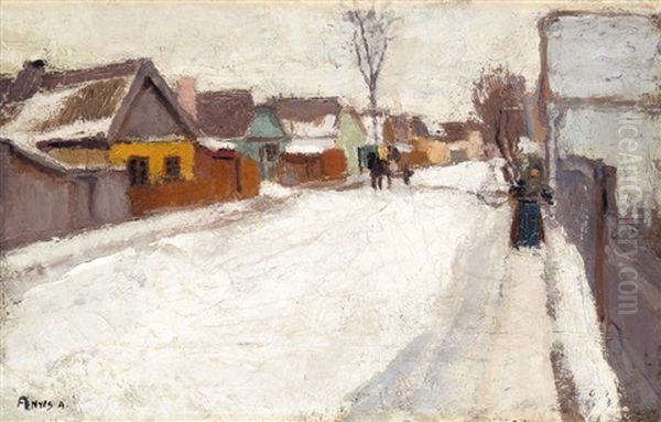 Village Street At Winter Oil Painting by Adolf Fenyes