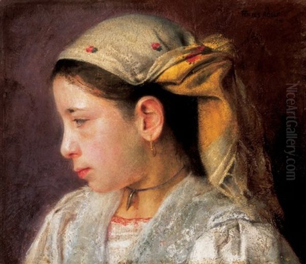 Young Girl With A Scarf Oil Painting by Adolf Fenyes