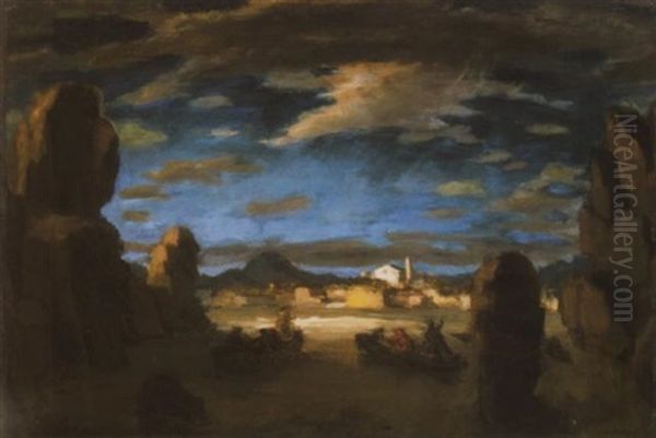 Toparti Fenyek (sziklas Kikoto) - Twilight, Clouds Oil Painting by Adolf Fenyes