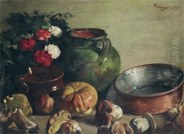 Stillleben Mit Blumen, Pilzen, Krug Und Kupferschussel Oil Painting by Adolfo Feragutti Visconti