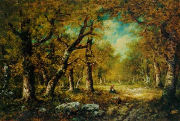 A Woman Resting In A Wooded Glade Oil Painting by Adolfo Feragutti Visconti