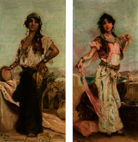 Danseuse Au Voile (+ Danseuse Au Tambourin; Pair) Oil Painting by Eugene Feral